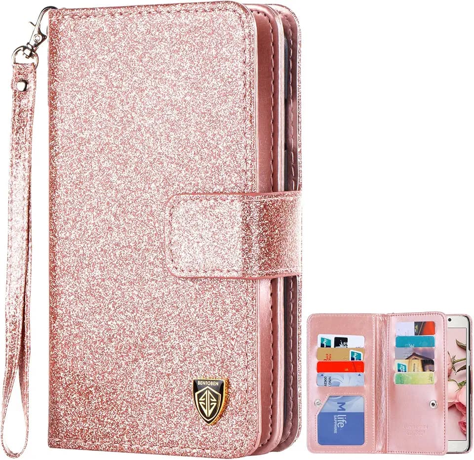BENTOBEN Galaxy Note 5 Case, Note 5 Case, Glitter Sparkle Bling Flip PU Leather Credit Card Holder Cash Pocket Wristlet Protective Wallet Case for Samsung Galaxy Note 5/SM-N920, Rose Gold