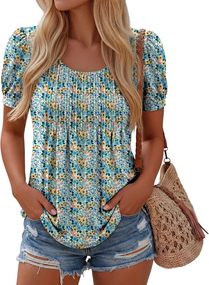 Ficerd Womens Puff Short Sleeve Boho Top