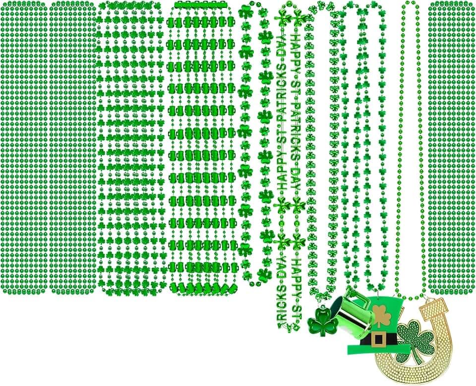 36PCS St. Patricks Day Beads, Irish 8 Kinds of St Patricks Necklace Necklace, Metallic Shamrock Beer Mug Coins Pendants Beads Necklaces, Adult St Patricks Necklaces Bulk for Parade Party Supplies