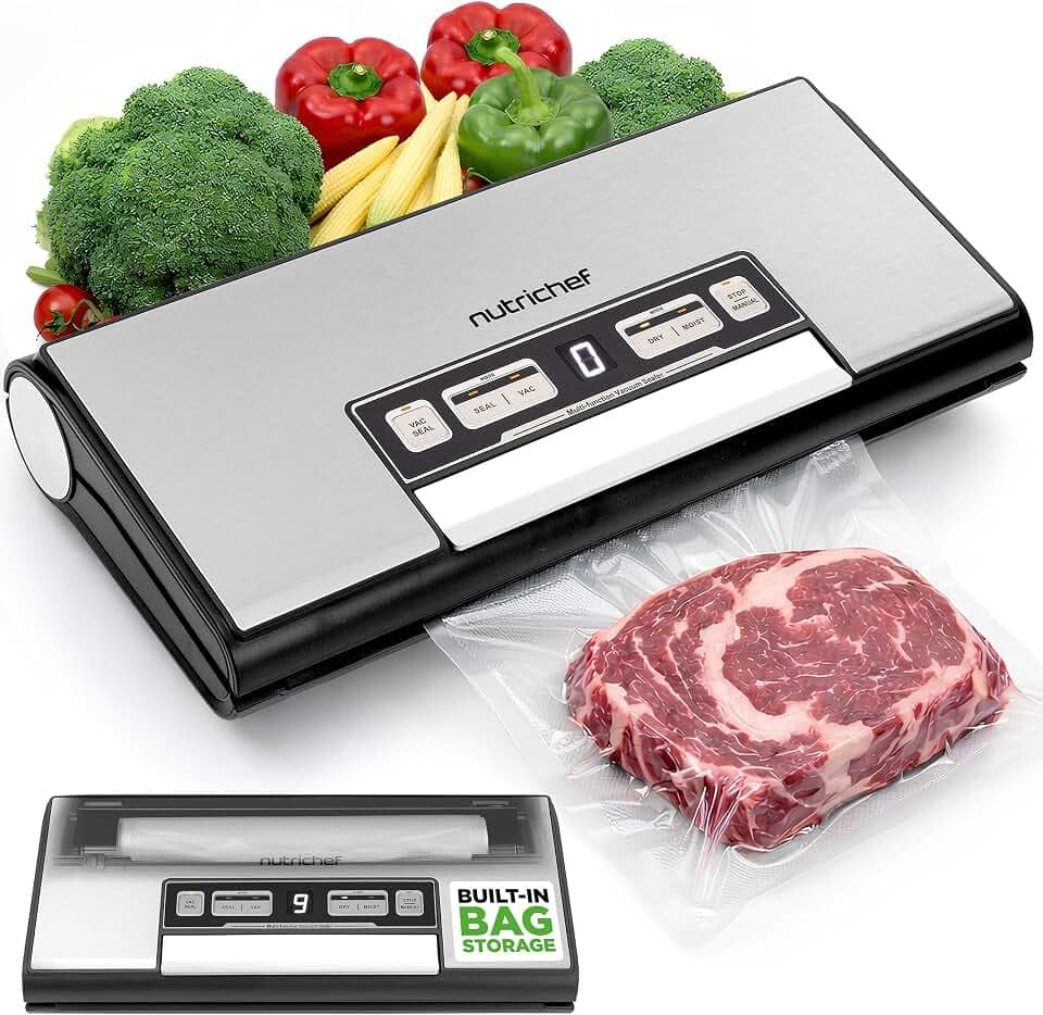 NutriChef Vacuum Sealer Machine with Built-In Bag Storage, Food Sealer for Dry & Moist Foods, Removable Drip Tray, Suction Hose & Bags Included