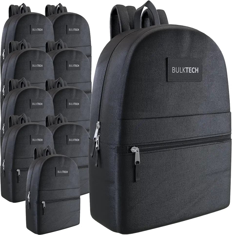 10 Pack Bulk Backpacks, Wholesale 17-Inch Lightweight Bookbags for Kids, Adults, School, Classroom, Travel, Gym Supplies with 1 Large, 1 Small Pocket, Perfect for Events, Corporate Bundles, Black