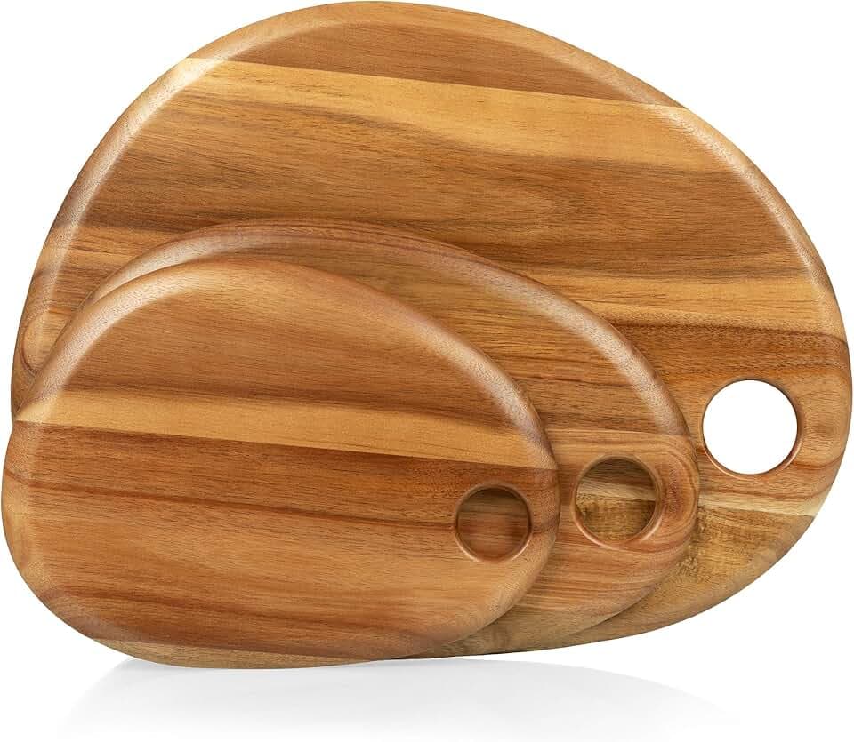 PICNIC TIME Pebble Acacia Charcuterie Board Set of 3, Wood Serving Platter for Food Display, Serving Tray for Party, Cutting Board with Cutout Design, Multi-purpose Food Tray, (Acacia Wood)
