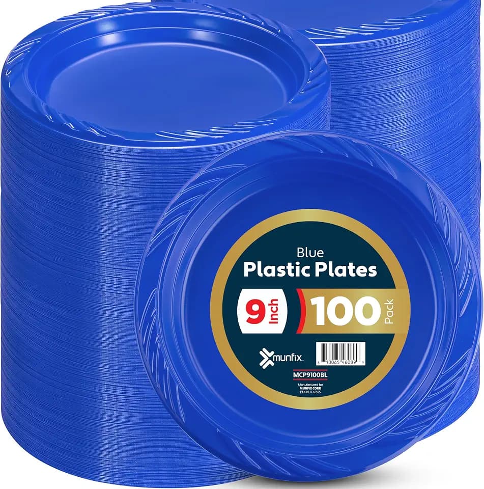 Munfix 9 Inch Blue Plastic Dinner Plates Set 100 Bulk Pack Disposable