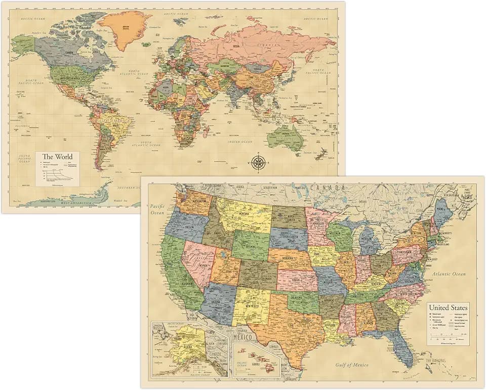 2 Pack - Laminated World Map & US Map Poster Set - Wall Chart Map of the World & United States - Made in the USA [Yellow]