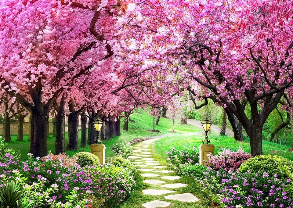7x5ft Spring Backdrop Spring Garden Flowers Tree Path Photography Background Floral Natural Landscape Birthday Party Party Decoration Banner Supplies131A
