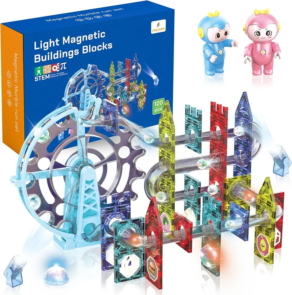 CELMAN Magnetische Bausteine 120 Teile Magnete Bauklötze Murmelbahn mit Zubehör, Montessori Spielzeug, Magnet Kugelbahn für Kinder ab 3 4 5 6 7 8 Jahre STEM Lernspielzeug Geschenk
