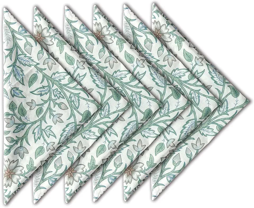 Craftbot Soft Cotton Printed Napkins 18x18 inches - Washable Thin Cloth Napkins Set of 6 - Everyday Use Party and Events - Sage Green Floral Pattern Indian Block Print Fabric, Sage Green and White