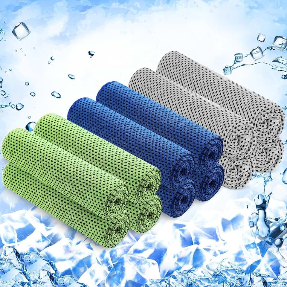Hosuly 12 Pack Cooling Towels, 40"x12", Dark Blue, Light Gray, Green