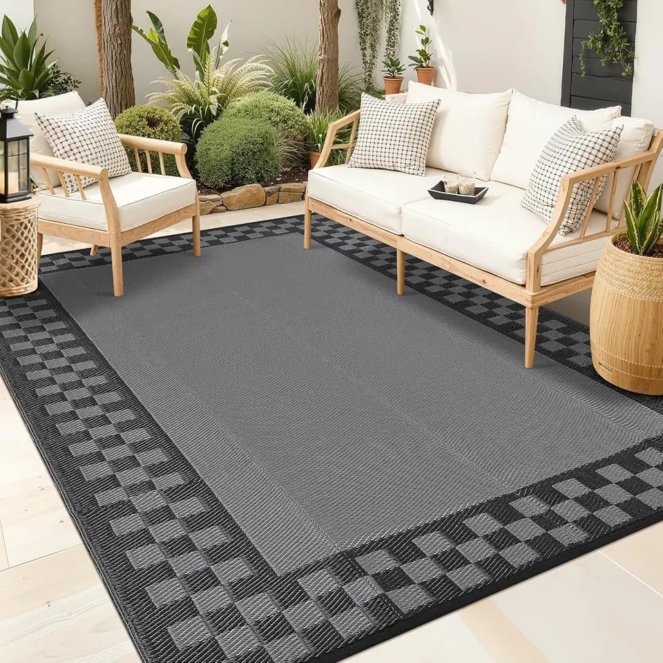 9x12 Outdoor Rug Waterproof Foldable Plastic Straw Carpet for Patio Porch Modern Checkered Reversible Mat Lightweight Floor Mat for Picnic, Backyard, Rv, Beach, Deck, Camper, Balcony, Grey