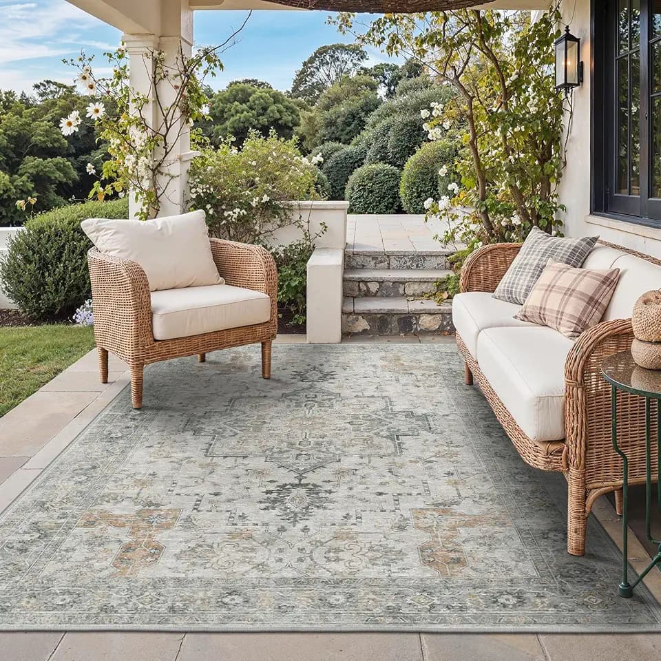 GENIMO Indoor Outdoor Rug, Washable for Patio and Deck, Ivory Grey, 5x8