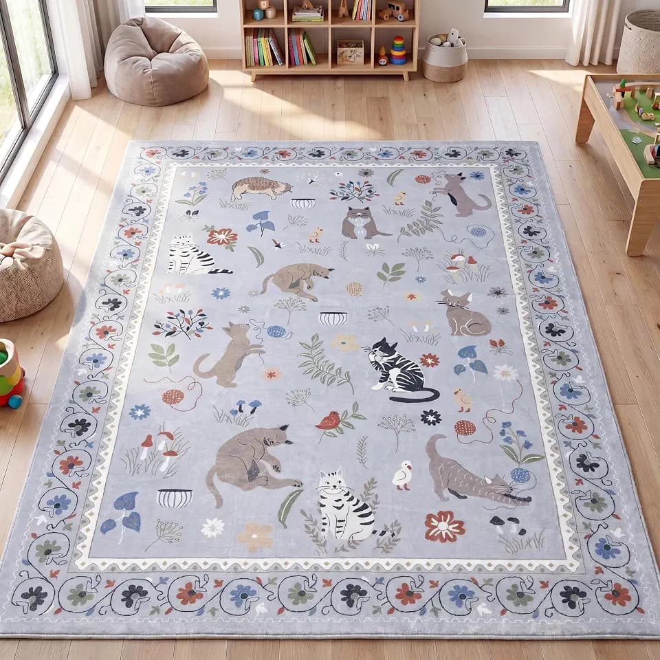 JONATHAN Y Animal Washable Polyester Machine-Washable Area Rug, Gray Catmosphere Festive Feline Floral Border Design, 3' x 5', Whimsical Low-Pile with Non-Slip Backing for Living Room ANM100D-3