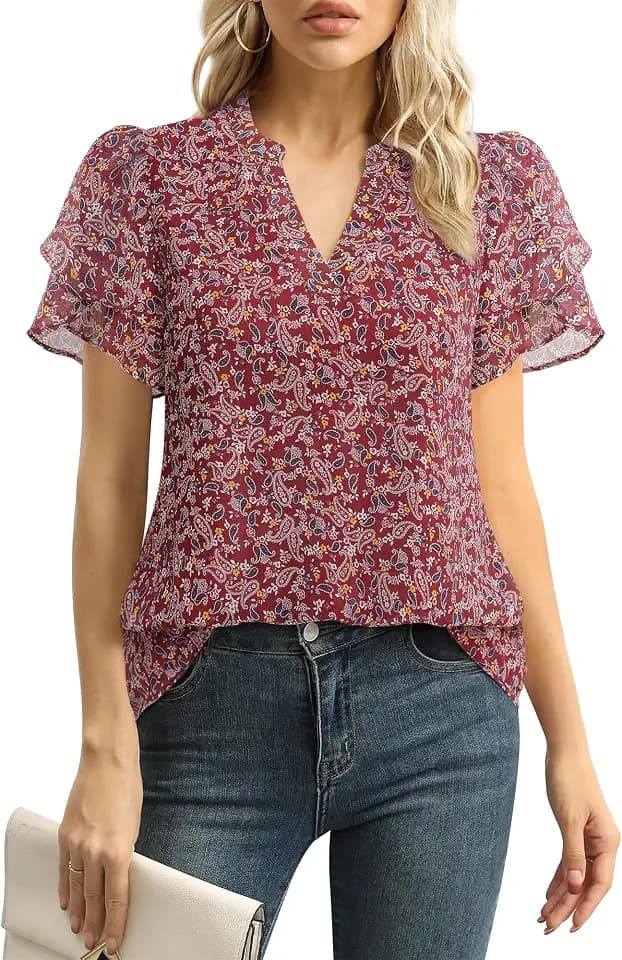 Lotusmile Womens Dressy Chiffon Blouses Summer Puff Petal Short Sleeve Shirts V Neck Casual Work Tops