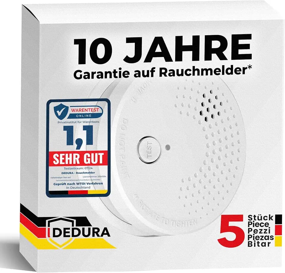 Rauchmelder 5er Set mit 10 Jahre Garantie BSI Zertifiziert nach DIN EN14604 inkl. 9V Batterie Rauchwarnmelder Brandmelder Feuermelder