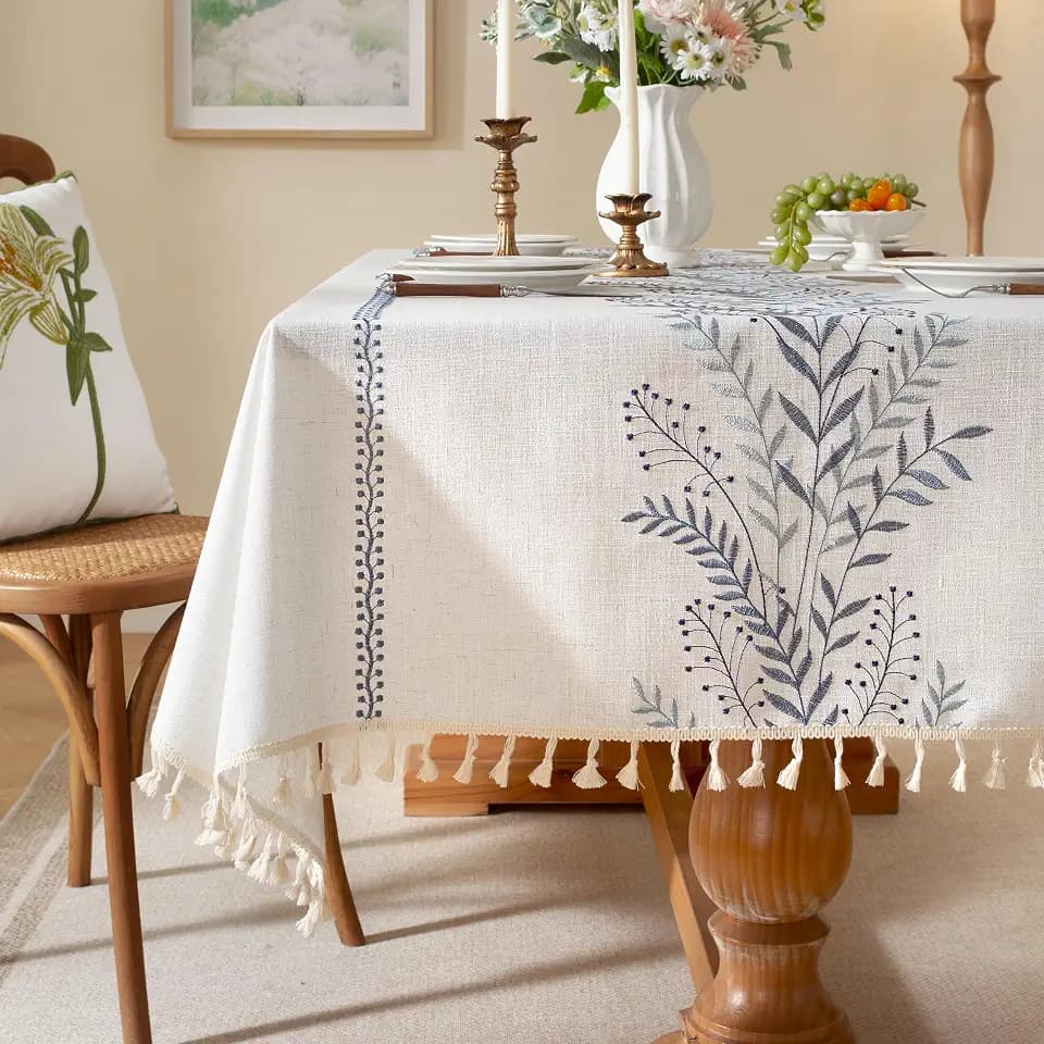 Laolitou Blue Fern Embroidered Square Tablecloth with Tassels 55"×55"
