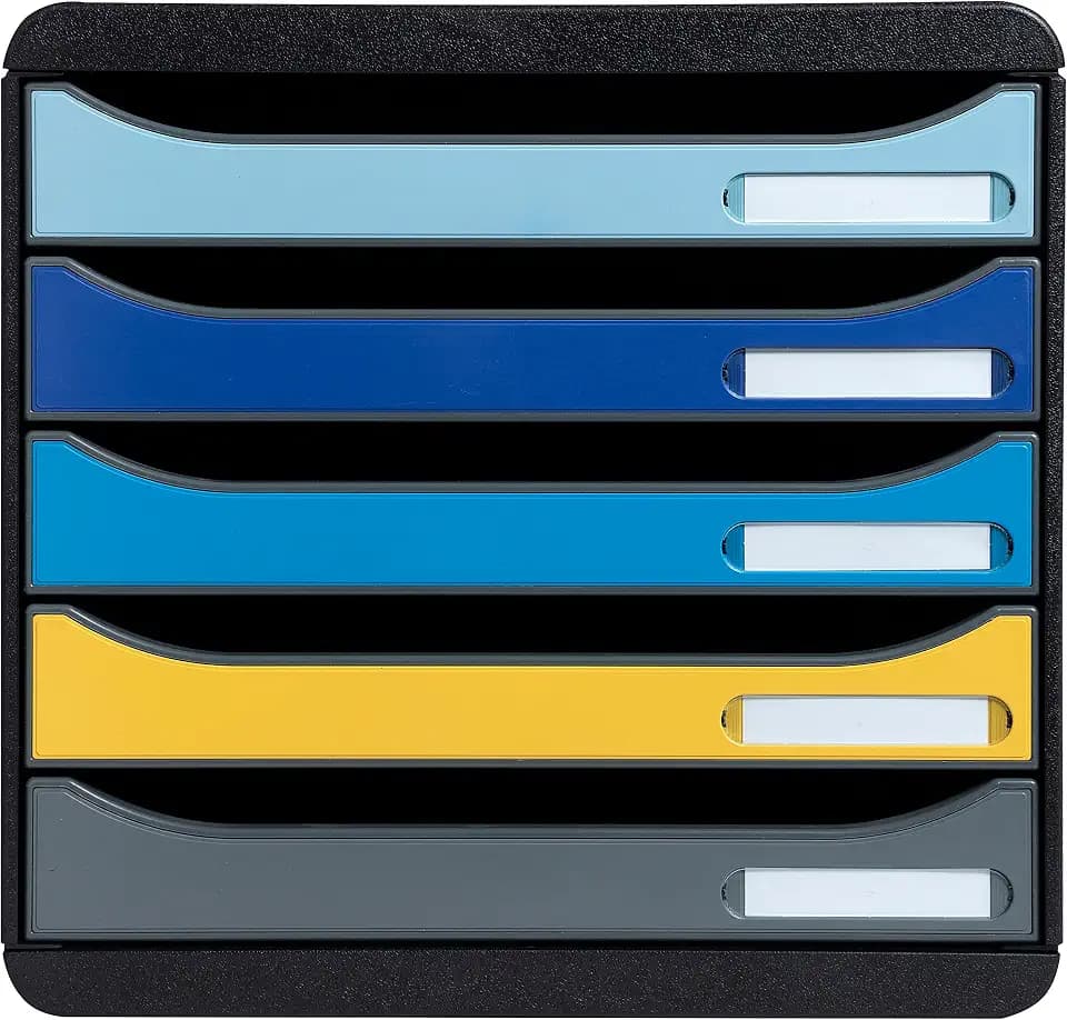 Exacompta 3094202D Ablagebox BeeBlue aus Recycling-Kunststoff mit 5 Schubladen für DIN A+ Dokumente. Belastbare Schubladenbox für mehr Platz auf dem Schreibtisch. Big Box Plus Blauer Engel