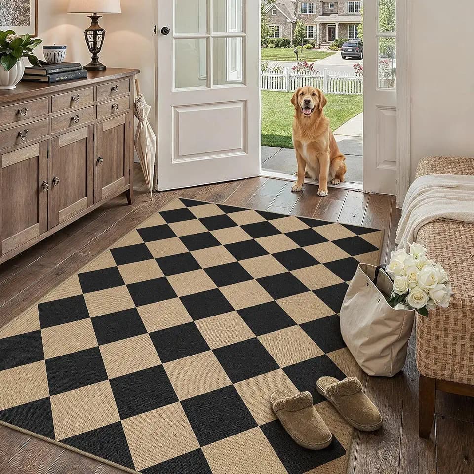 PureCozy 4x6 Black Checkered Washable Area Rug Indoor Outdoor Non Slip