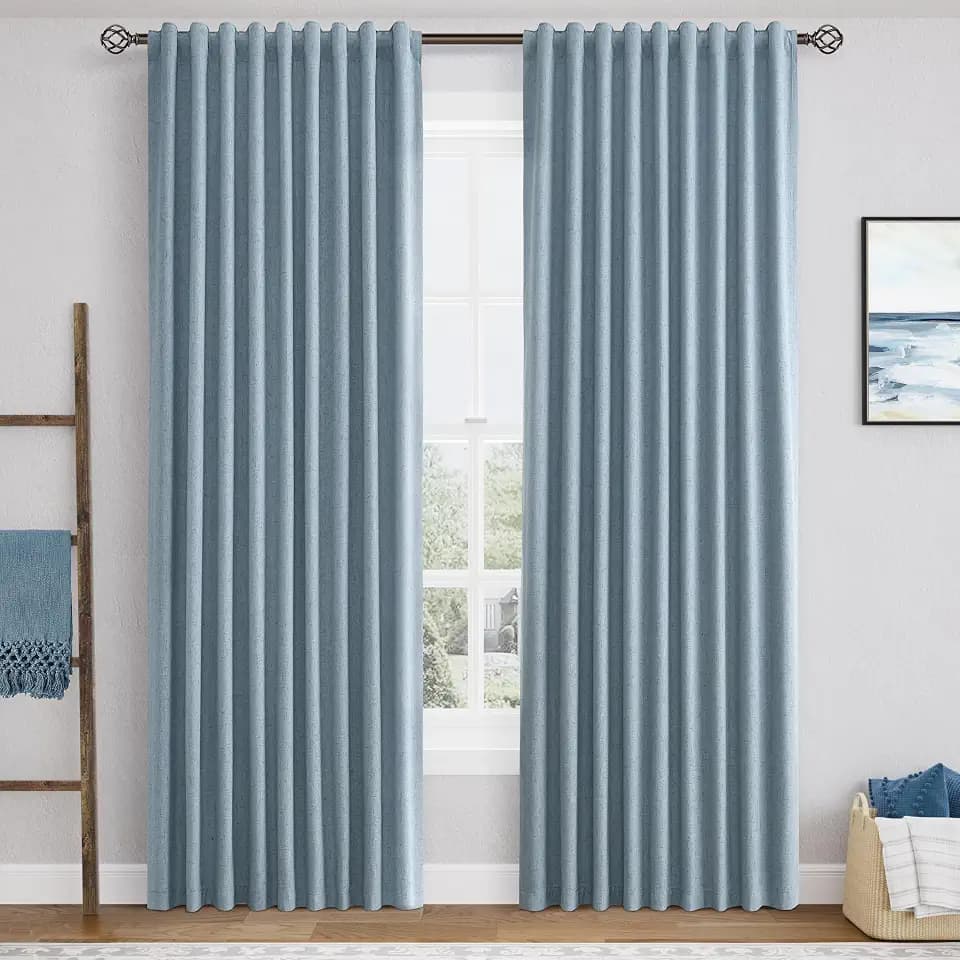 Blue Linen 100% Blackout Curtains for Bedroom 84 Inch Length 2 Panels Set Back Tab Pocket Neutral Farmhouse Living Room Darkening Curtain Track System Thermal Insulated Black Out Drapes 52x84