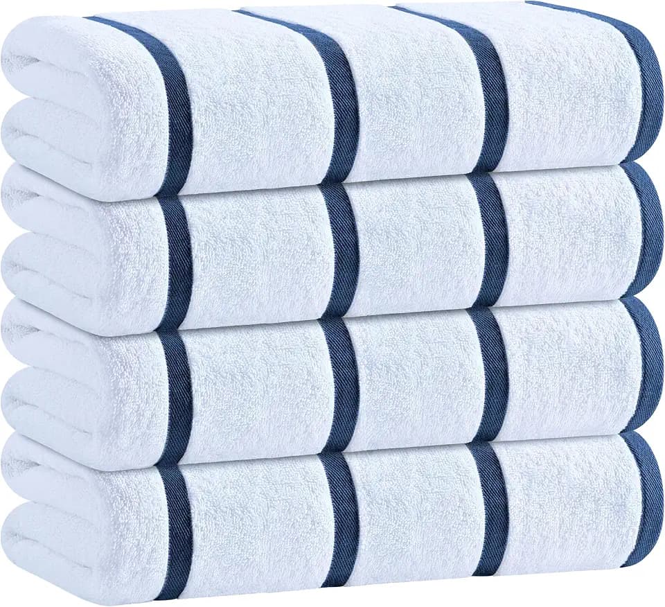White Classic Cotton Pool Towels Oversized 30 x 60 Inches, Ultra Absorbent and Low Lint Striped Beach Towels for Adults, Stripes Design Luxury Extra Large Bath Towels, Navy Blue, 4 Pack