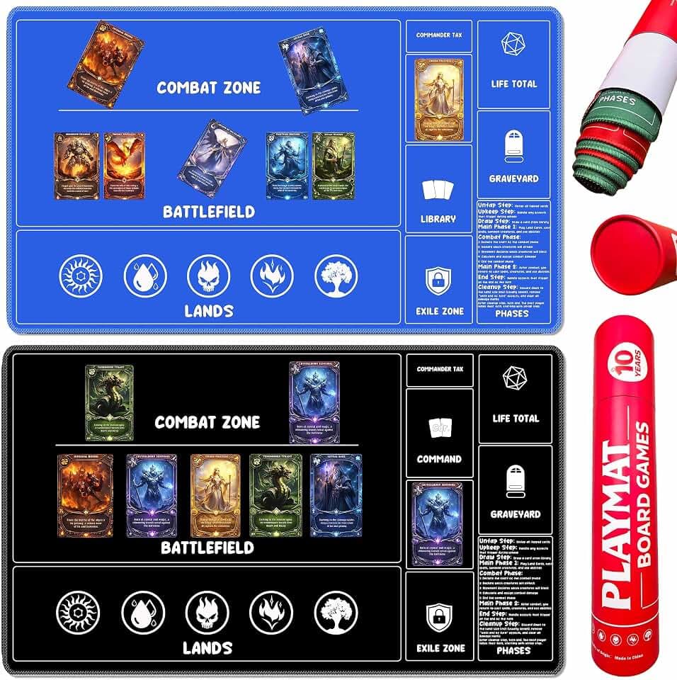 2 Pack MTG Playmat Set with Storage Tube Case – AiLiTeck Trading Card Game Playmat with Zones & Phase Guide for Beginner Casual Player Non-Slip Base for MTG Commander & TCG Play - Blue/Black