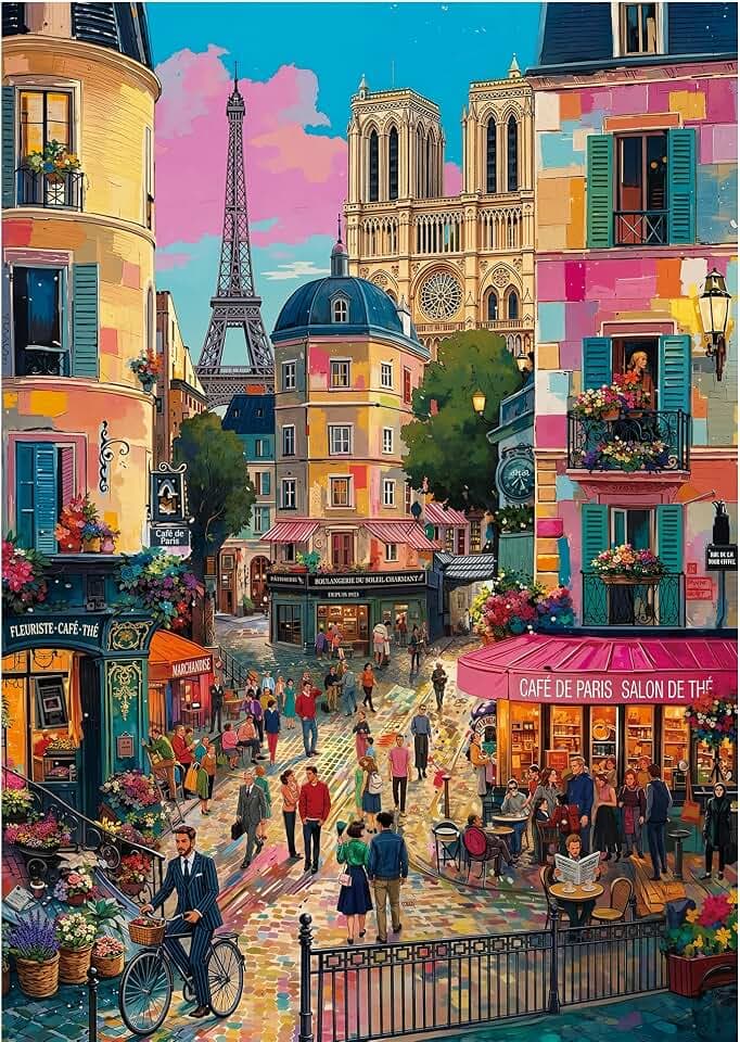 1000 Piece Puzzle for Adults, XURLEQ Colorful Paris City Street Puzzle, Challenging Jigsaw Puzzles for Family Game Night, Eiffel Tower Notre‑Dame Art Puzzle, Travel Themed Puzzle Home Decor Gift