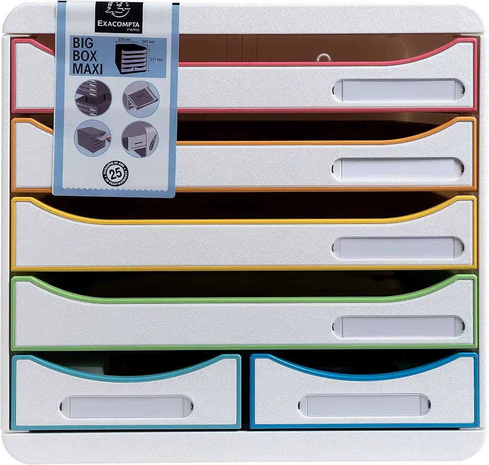 Exacompta 312913D Ablagebox Harlekin aus Recycling-Kunststoff mit 4 Schubladen für DIN A+ und 2 Schubladen für Utensilien. Belastbare Schubladenbox für mehr Platz. Blauer Engel Big Box Maxi weiß|bunt
