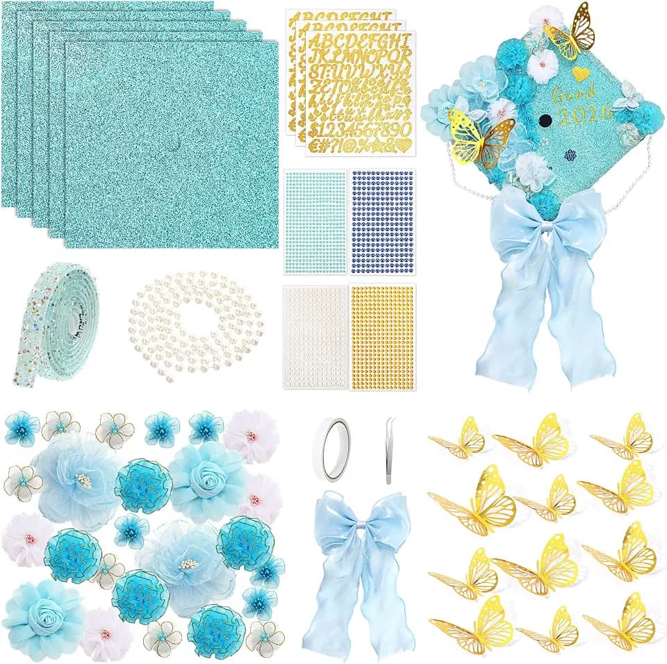 Wavwavw 58 Pcs DIY Graduation Cap Decorations Kit Grad Cap Decor, Light Blue