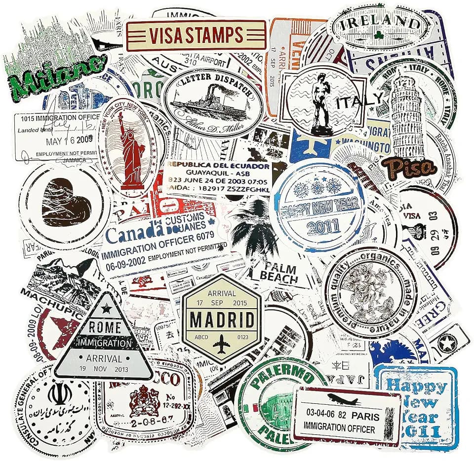 Outus 110 Pieces Retro Stamp Postmark Stickers Travel Immigration Postmark Sticker Passport Stamp Suitcase Decal Waterproof Vinyl Decals for Luggage Travel Case Water Bottle Laptop Skateboard Laptop