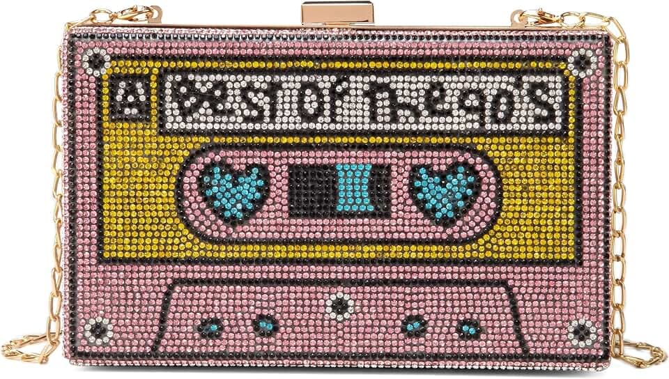 Damen Retro Radio-förmige Umhängetasche mit Strass, Metall und Vintage-Design – Abend-Clutch