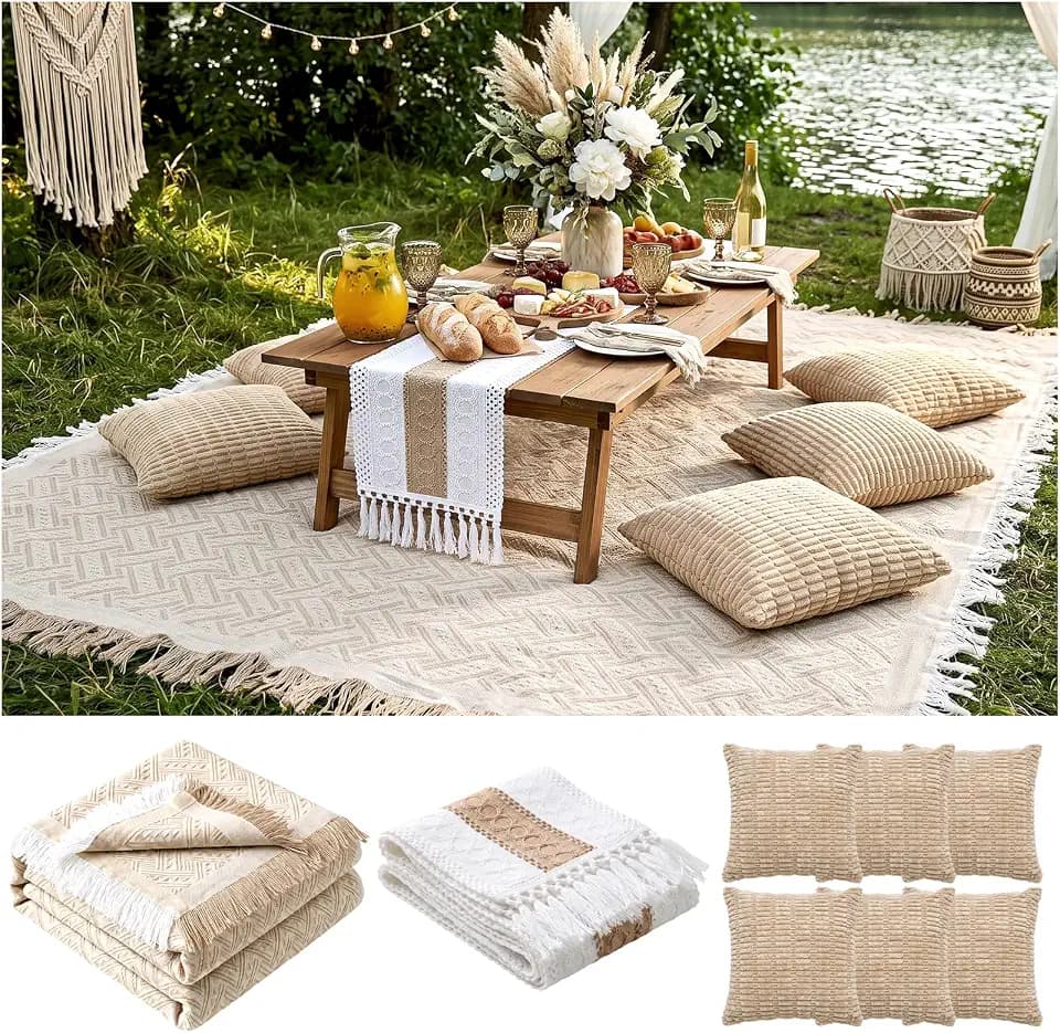 RYCHIC Extra Large Outdoor Rug Boho Picnic Blanket with Low Table Runner and 6 Throw Pillows Covers Set for Beach Essentials Beach Accessories Garden Party Decoration Patio Park Lawn Festival Mat XL