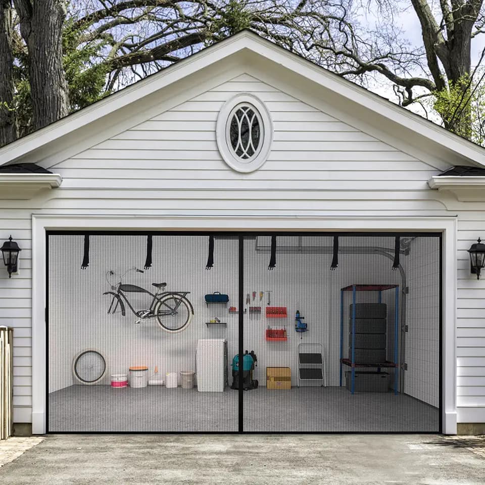 HBlife Garage Screen Doors for 2 Car Garage,16x8FT Polyester Magnetic Garage Door Screen, Hands Free Retractable Garage Net Screen Door Mesh with 6 Roll Up Starps and 30 Magnets for Patio, Gym, Porch