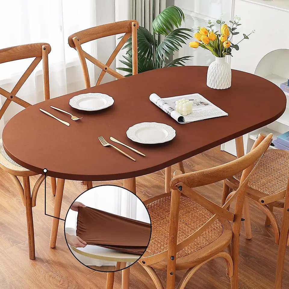 Fitted Spandex Oval Tablecloth, Soft Skin Friendly Non Pilling Breathable Fabric Table Cover with Elastic Band for Dining Gathering Party Banquet Decoration 42 x 60 Inch Brown