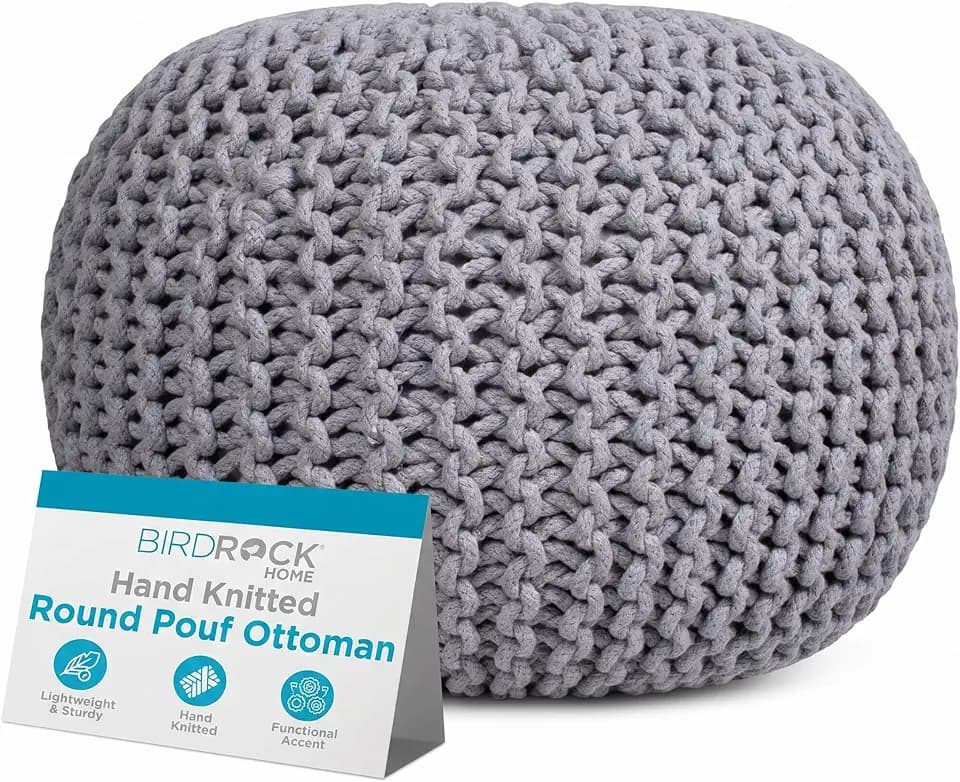 BIRDROCK HOME Round Pouf Ottoman Foot Rest - 18.5”x18.5”x15” Boho Compact Comfortable Soft Cotton Braided Foot Stool with Bean Bag Filling for Living Room, Bedroom, or Nursery (Light Gray)