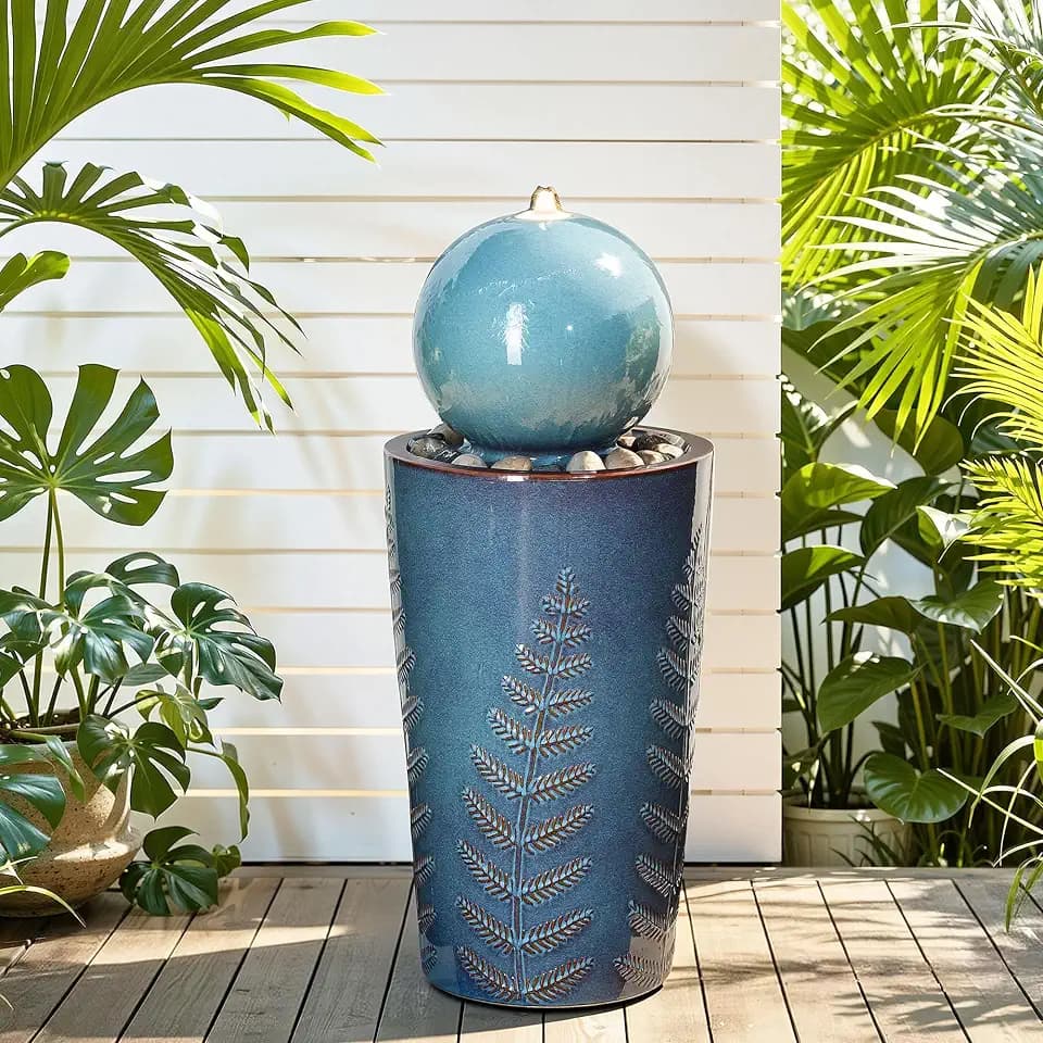 Autodaya 30" Sphere Outdoor Water Fountain, Teal Blue Ceramic Glaze