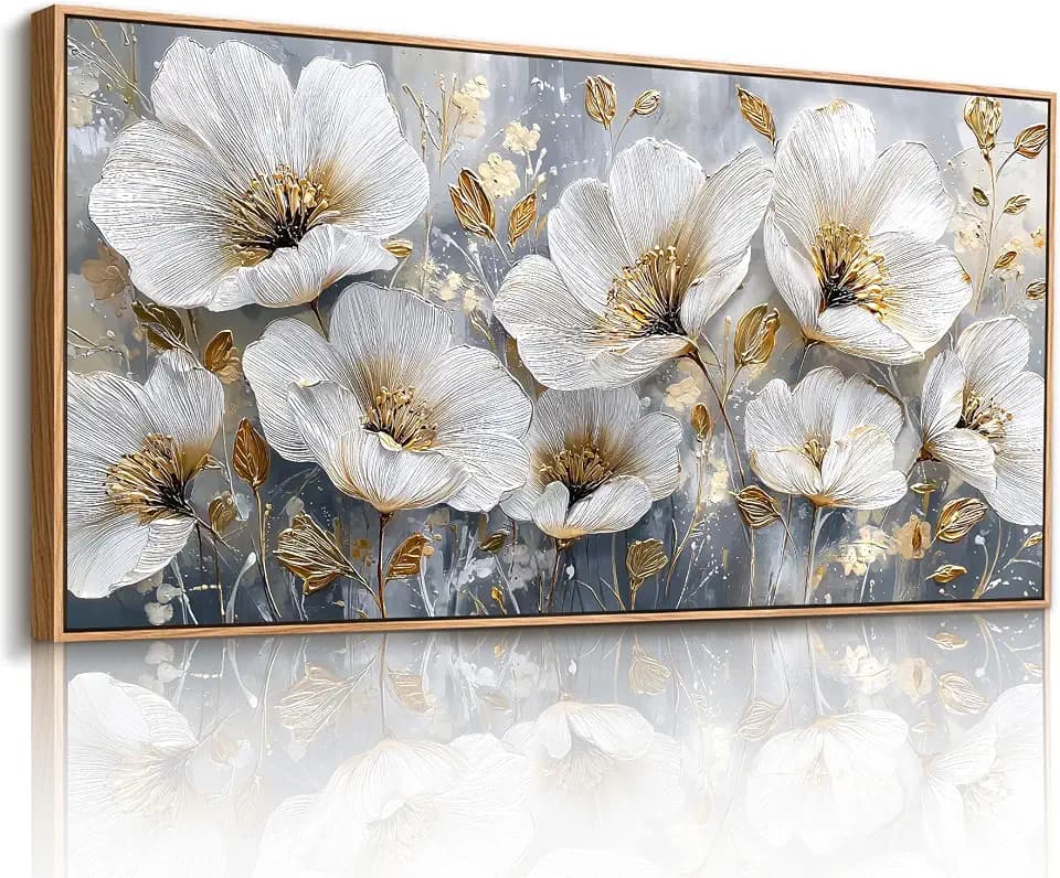 imjiayu Large Floral Wall Art White and Gold Flowers Modern Luxury Framed