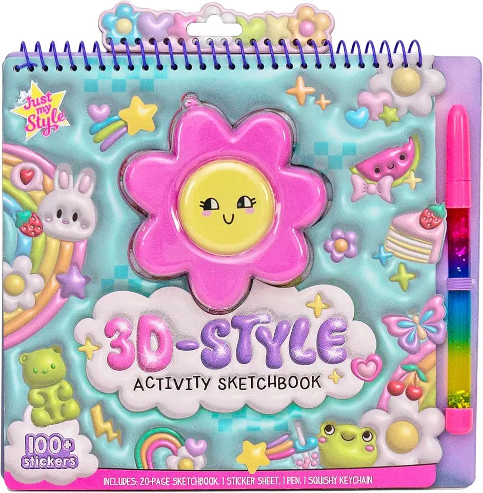 Just My Style 3D-Style Activity Book, 30 Pages of Coloring Activities, Includes Sticker, Glitter-Filled Pen, & Bonus Flower Keychain, Squishy 3D Cover, Drawing Pad for Kids, Sketchbook for Drawing