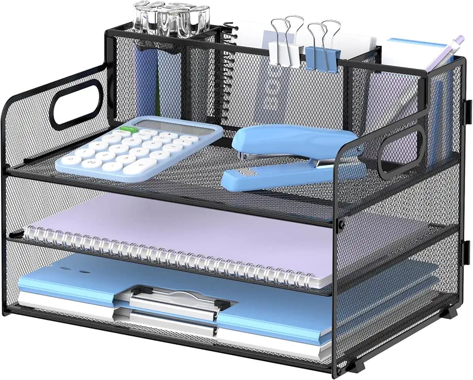 SUPEASY 3 Tier Desk Organizer with Handle & 3 Pen Holders, Mesh Paper/File Organizer for Desk, Paper Letter Tray Organizer for Office Supplies (Black), 1 Pack, 3CST-3PH