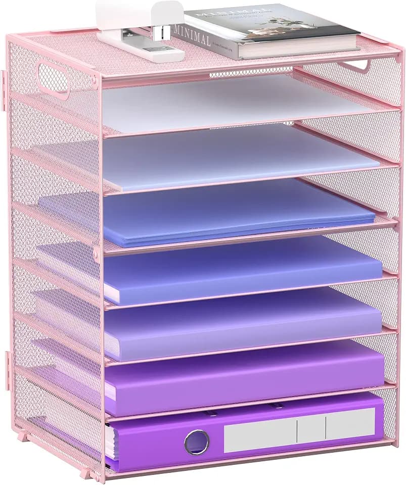 8 Tier Paper Letter Tray Organizer with Handles for Desk (Pink)
