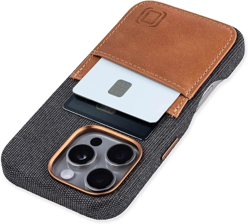Dockem Fabric Card Case for iPhone 16 Pro with Built-in Metal Plate for Magnetic Mounting, Stitched-on Genuine Leather Wallet with 2 Card Slots: M2F [Grey and Light Brown]