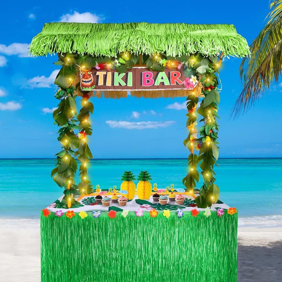 Auihiay 125PCS Tiki Bar Hut Kit, Portable Outdoor Tiki Bar Decor Supplies