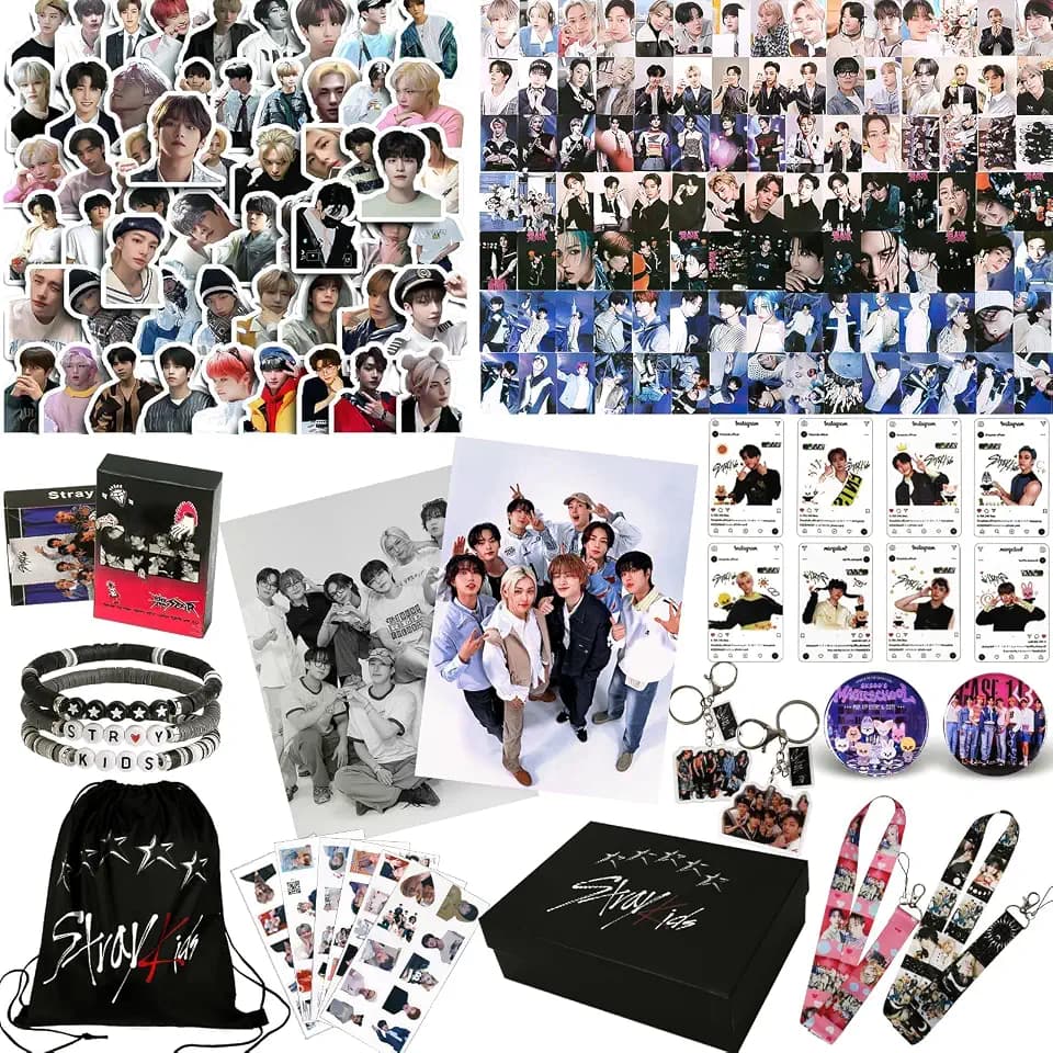 Japior Skz Gifts Set Including 110 Photocards, 180 Stickers, Drawstring Bag, 24 Lomo Cards, Keychains, Lanyards and Pins for Fans