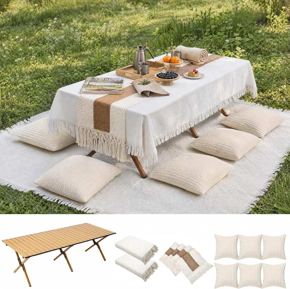 11 Pcs Folding Picnic Table Set, Portable Boho Table with Extra Large Washable Blanket, Includes Table Runner,Tablecloth, 6 Pillow Covers（No Insert& Bag for Camping, Wedding, Party