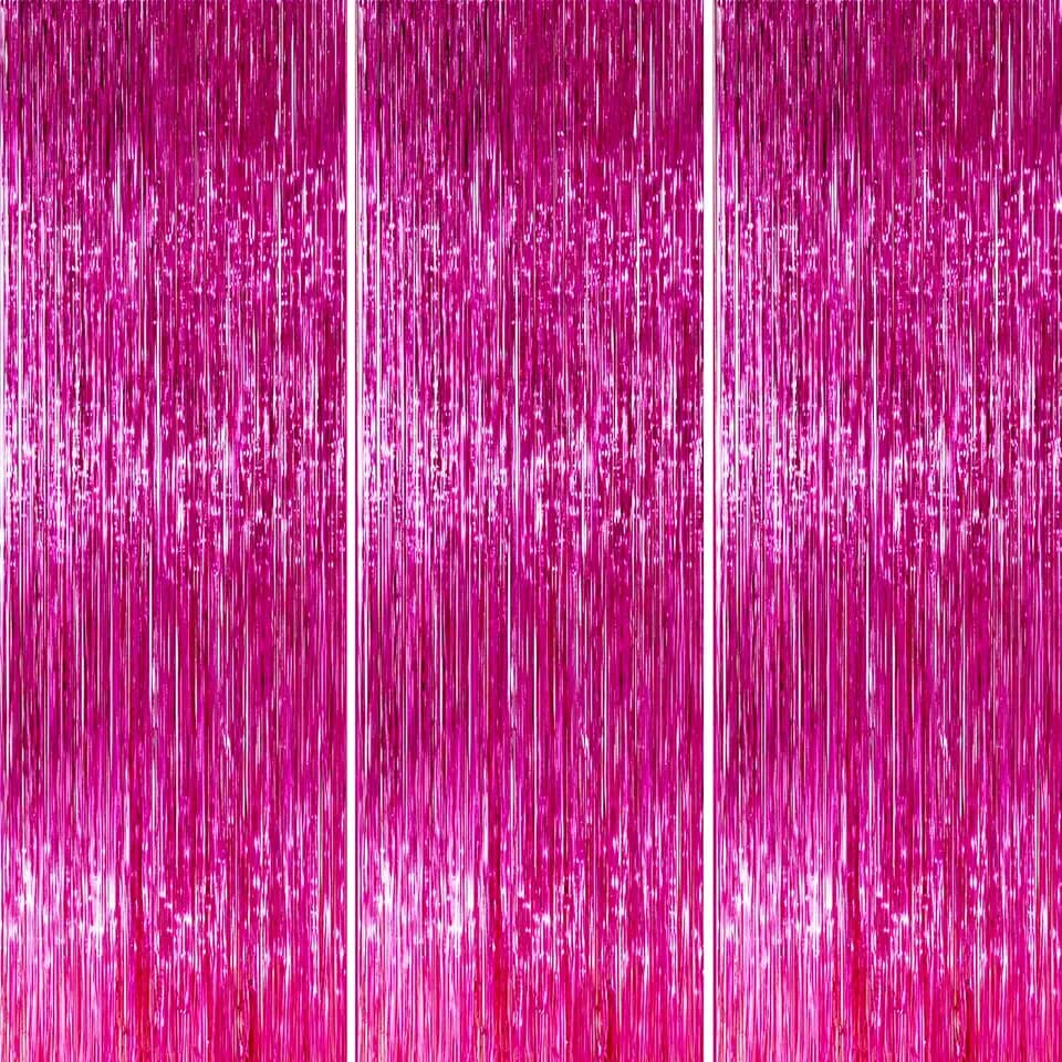 PartyWoo Hot Pink Foil Fringe Curtain 8.2FT 3pcs Red Rose Tinsel Streamers