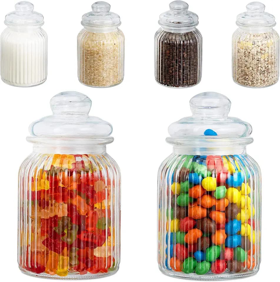 Relaxdays Vorratsgläser 6er Set, 1000 ml, Deckel, für Lebensmittel in Küche, Hochzeit Candy Bar Zubehör, luftdicht, klar