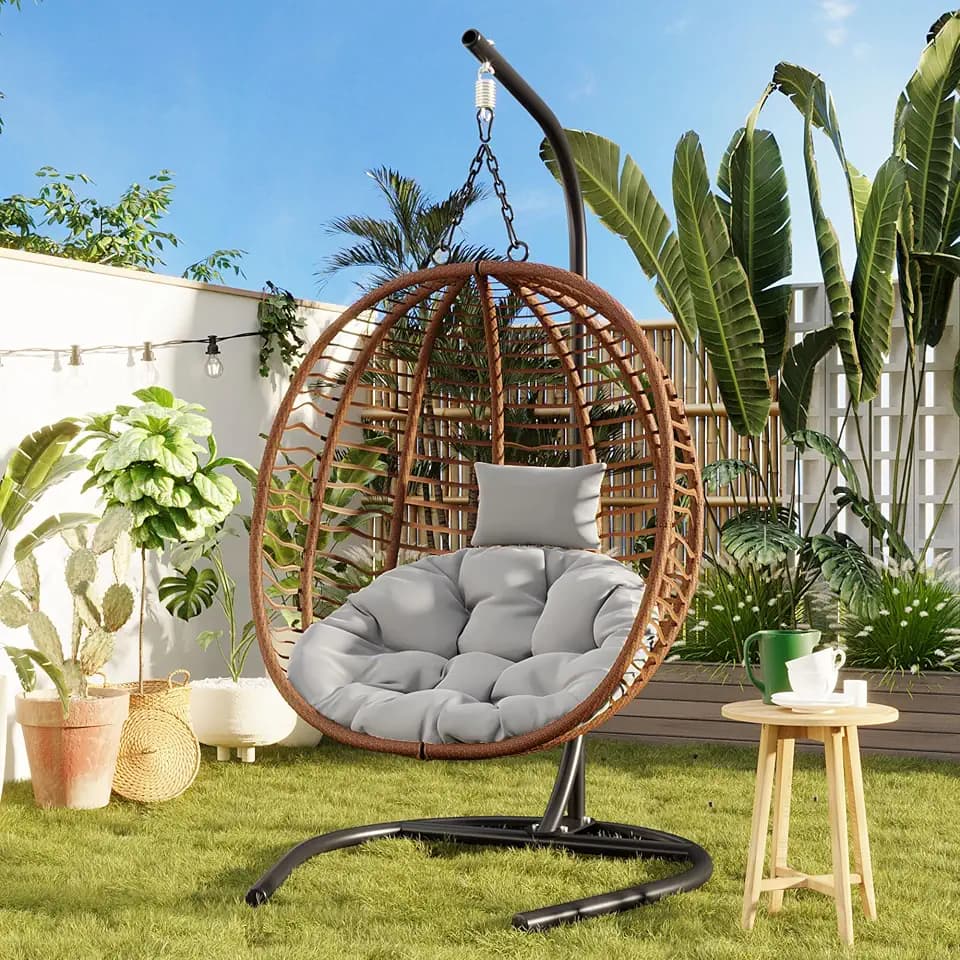 Merax Folding Hanging Egg Chair with Stand, Indoor Outdoor Wicker Hammock Swing Chair with Adjustable Anti-Slip Feet for Balcony, Bedroom, Garden