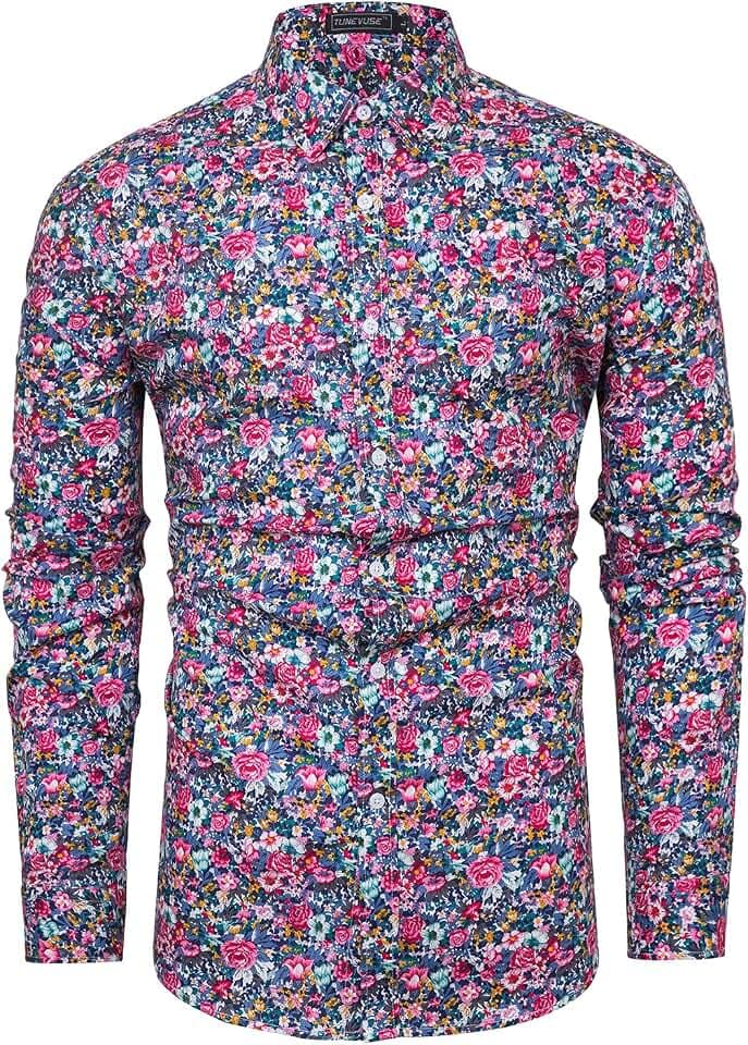 TUNEVUSE Men Floral Dress Shirt, Long Sleeve Button Down Patterned Cotton