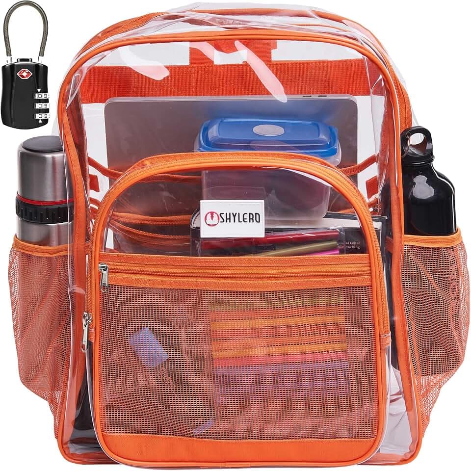 Clear Backpack Heavy Duty XL - H18''xW14''xD8. Has TSA Lock - Orange