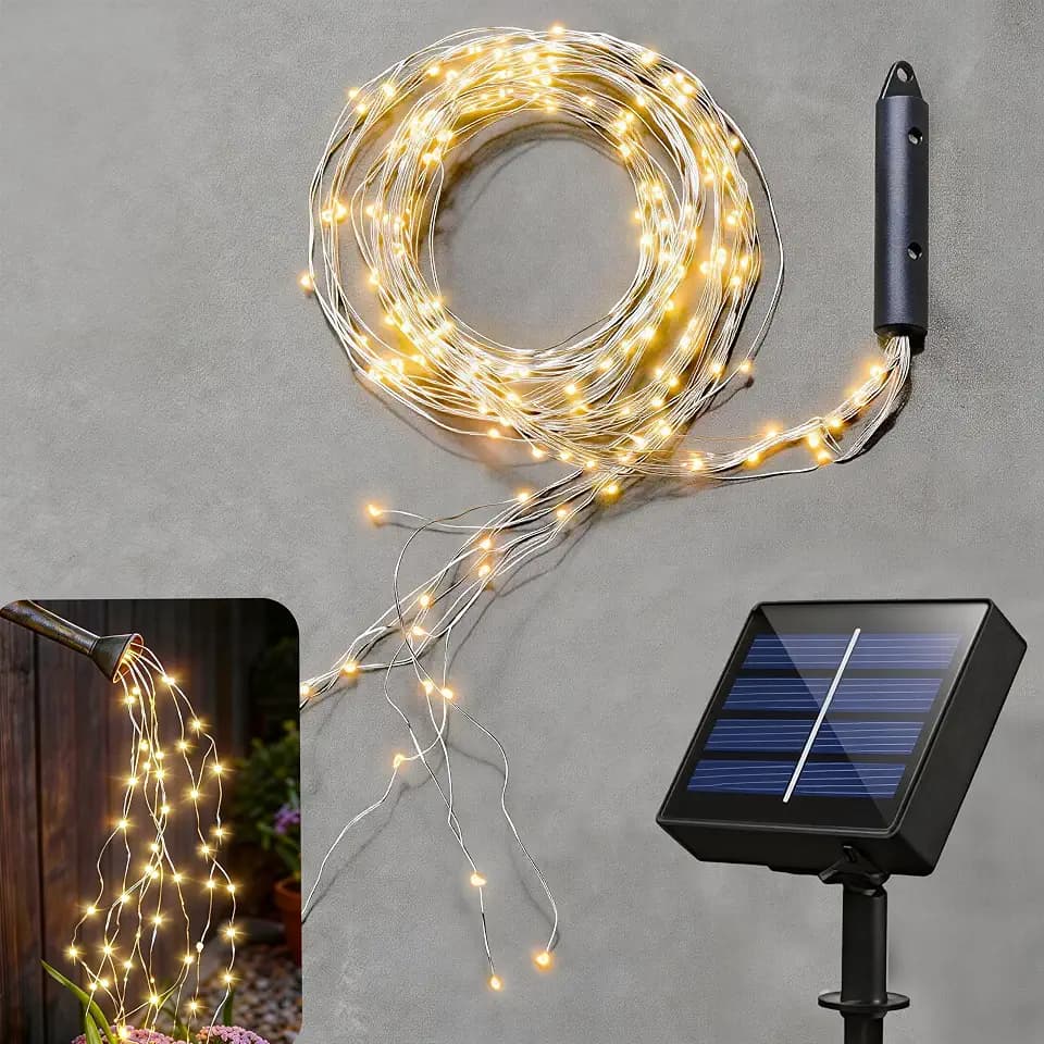 Solar Fairy Lights Outdoor, Multi Strand 180 LEDs Watering Can Light, Waterproof Solar Powered Waterfall Lights, Firefly Bunch String Lights for Garden Outside Decor, Warm White