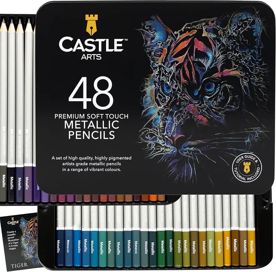 Castle Art Supplies Metallic Colored Pencil Set | 48 Shimmering Shades with Wax Cores for Professional and Adult Artists | Presented in Tin Case