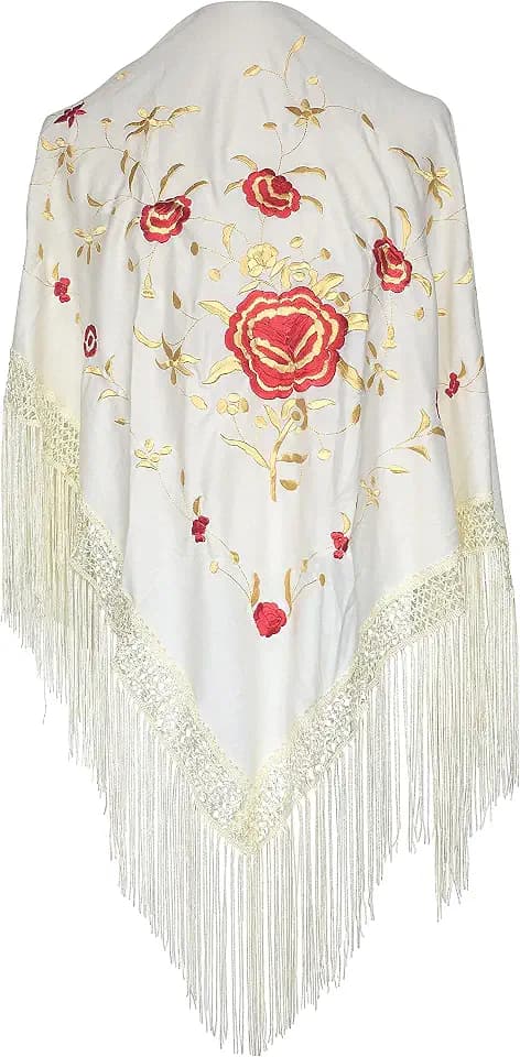 La Senorita Spanischer Manton, Tuch - creme weiß gold mit roten Blumen