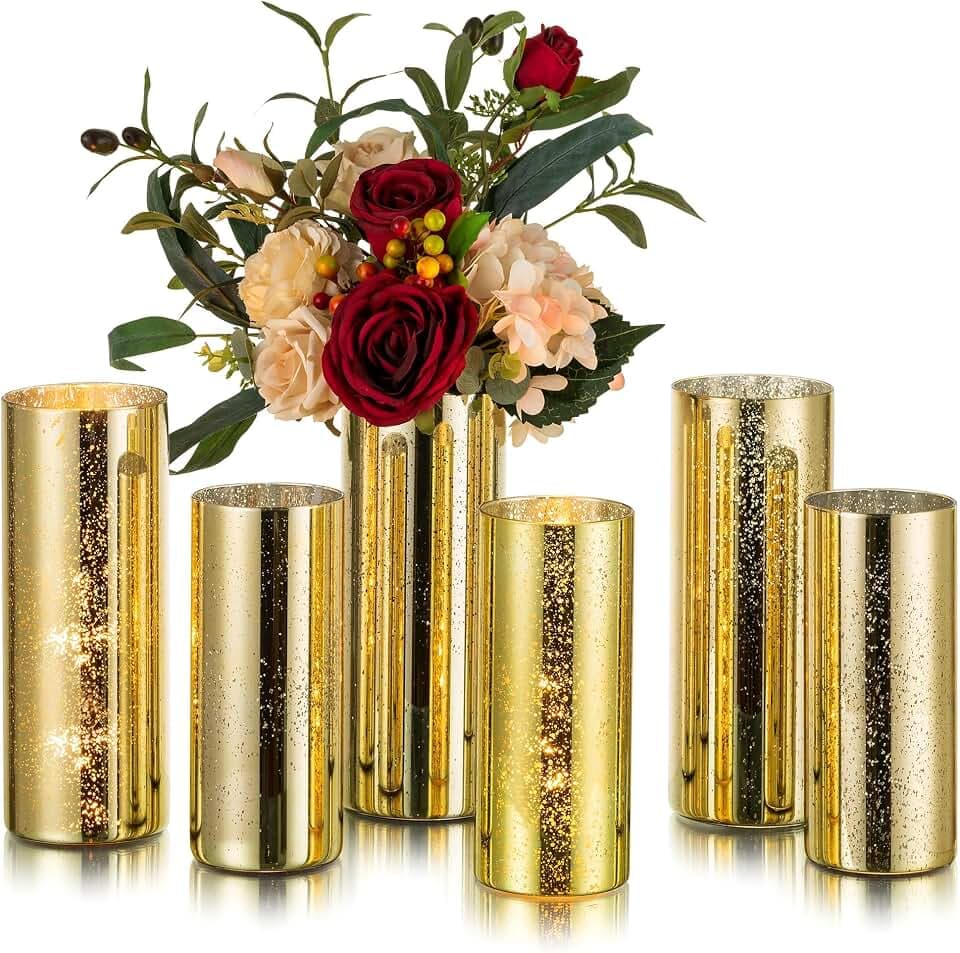 Glasseam Zylindervase aus goldenem Glas: Glitzer-Hurricane-Vase, 6er-Set, Moderne Blumenvasen für Tafelaufsätze, Quecksilber-Kerzenhalter für Stumpenkerzen, dekorative Vasen für Blumendekoration,